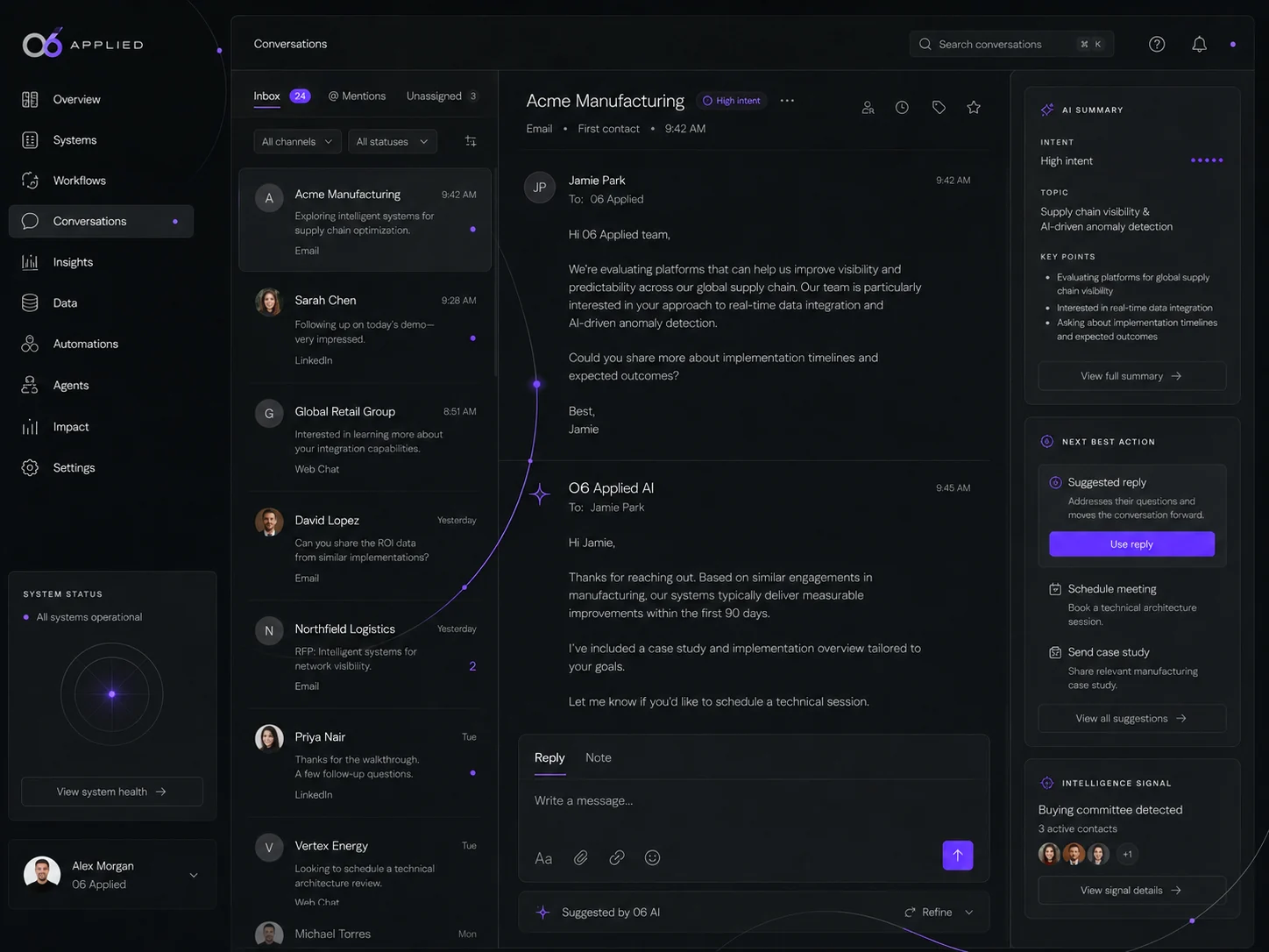Concept view: a shared conversation queue with an AI summary and next-best-action panel.